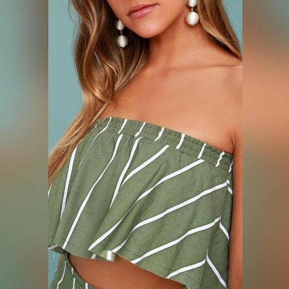 Faithfull The Brand Suns Out Olive Green Striped Raw Hem Off Shoulder Tube Top 8 - Picture 3 of 11